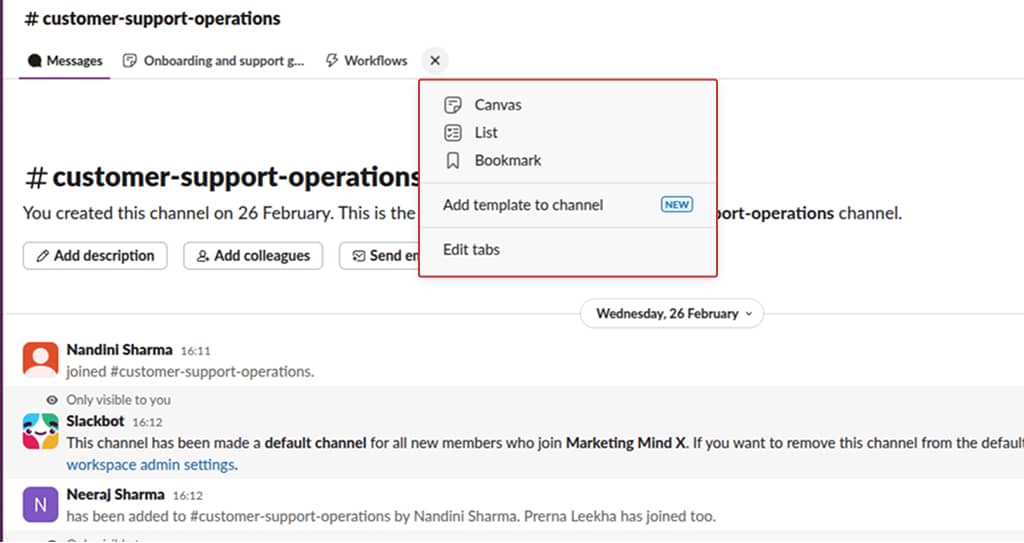 Add Canvas, List, Templates, and other apps for work management in Slack Channel.