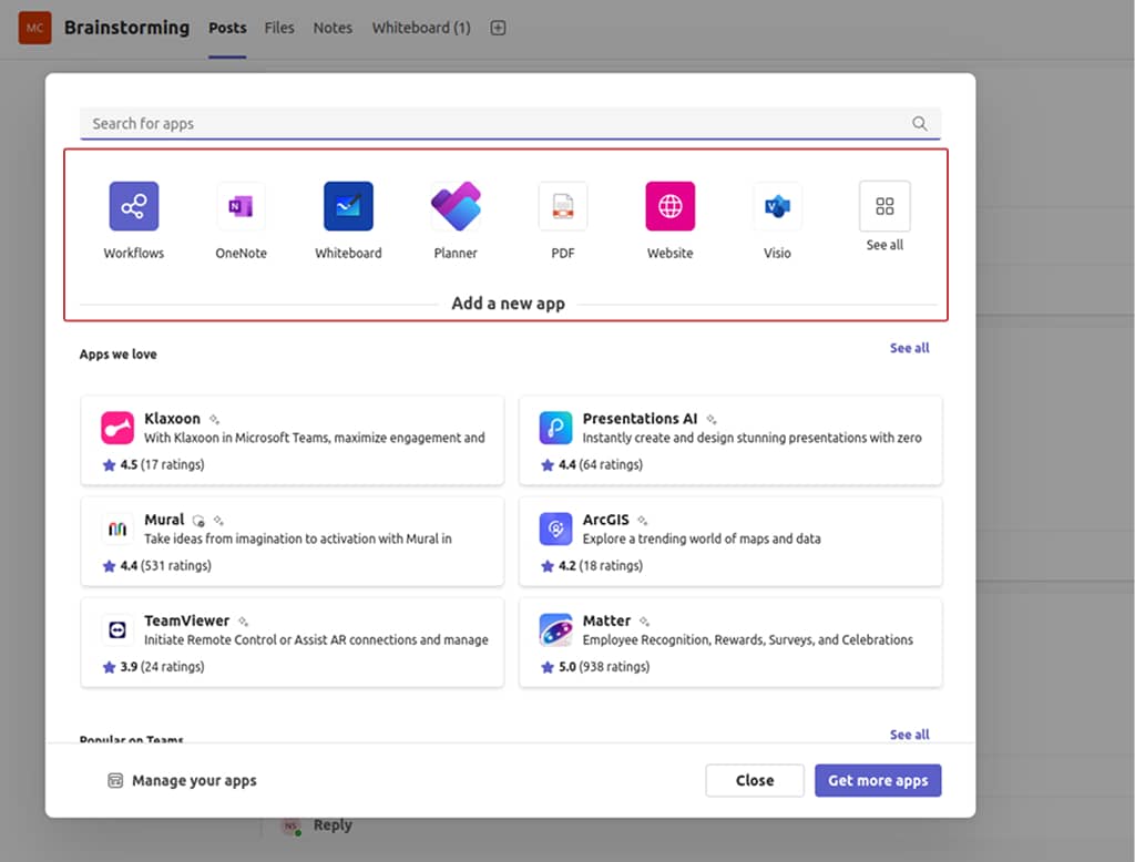 Adding Microsoft apps like Whiteboard, Planner, and Workflows for work management in the Teams channel.