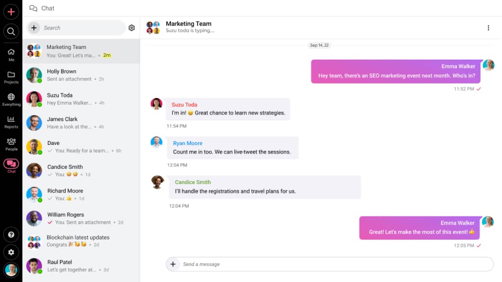 Communicate with team members in real-time and share files with the ProofHub Chat 