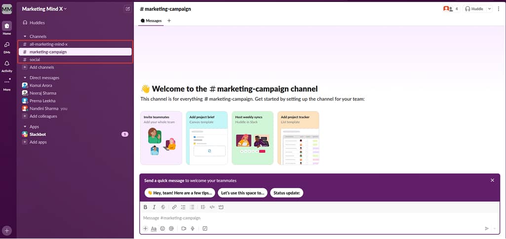 Slack’s dashboard with Welcome message