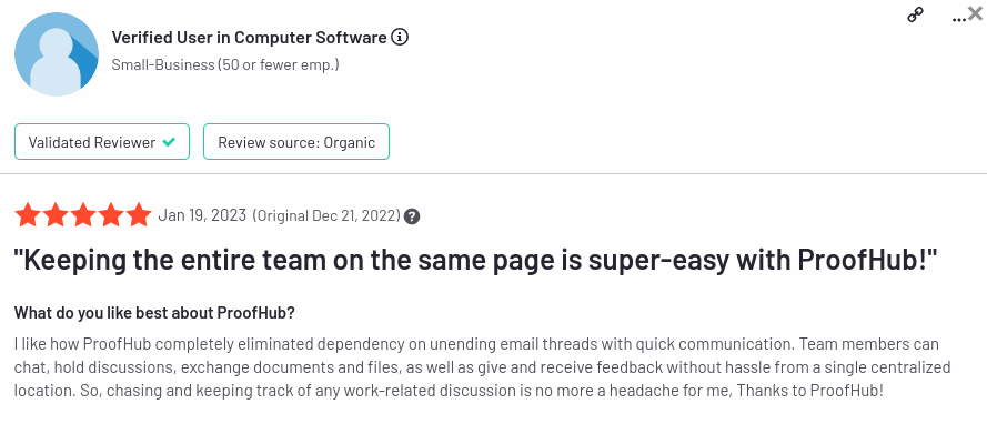 ProofHub verified customer reviews on G2 site