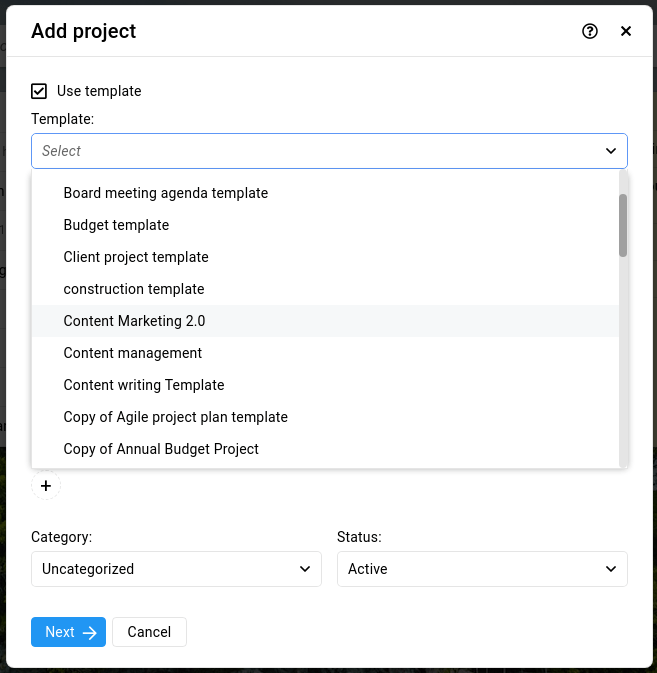 Create a project using pre built templates