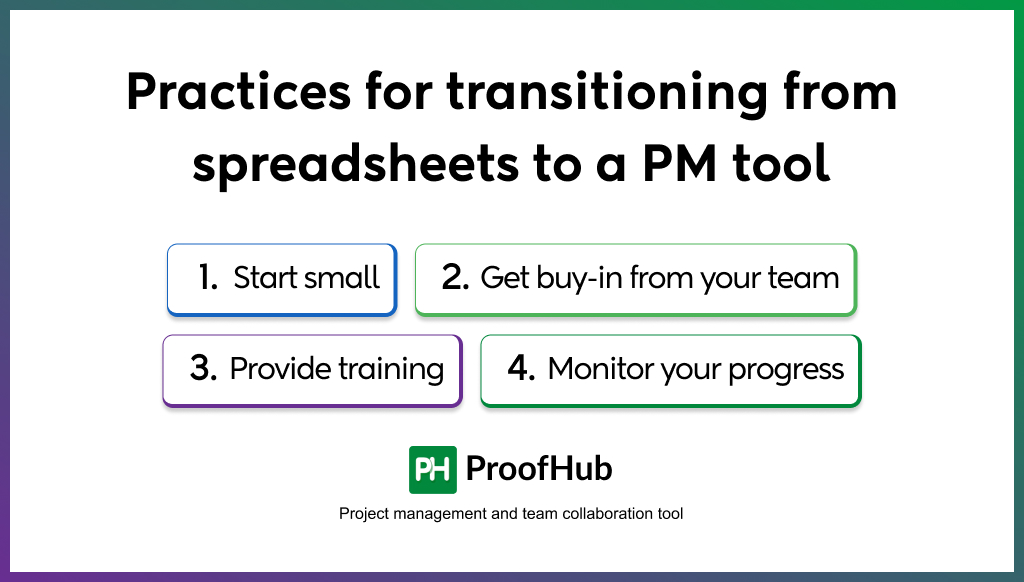 Practices for transitioning from spreadsheets to a PM tool