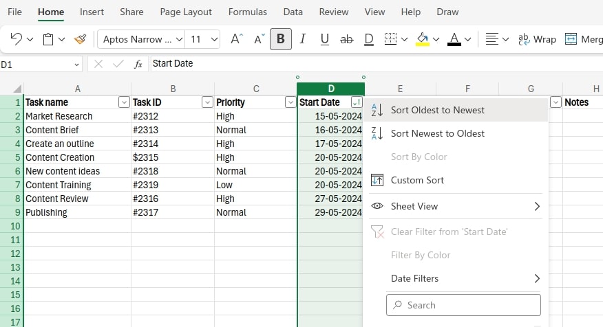 sort data in Excel