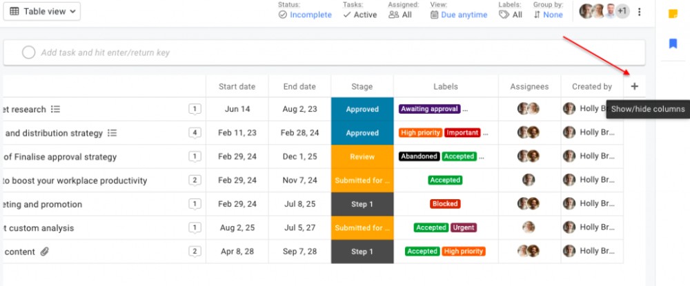 Use ProofHub Table view to assign and visualize task owners