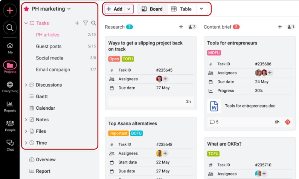 Project and task view in ProofHub