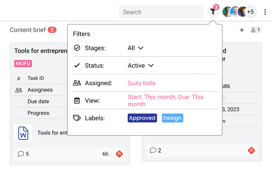 Filter your tasks by stages, labels, due date easily