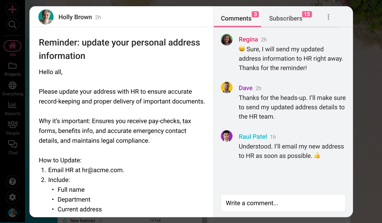 ProofHub’s announcement feature for organizational communication and announcements