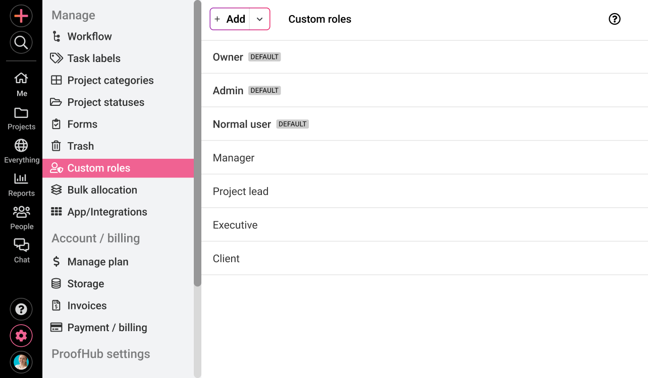 Define individual roles and access as per task in ProofHub’s custom roles
