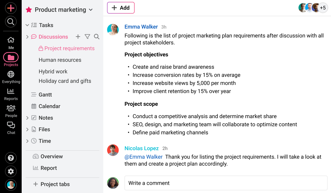 ProofHub’s discussion feature for exchanging ideas with social media teams