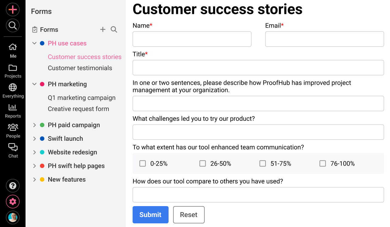 ProofHub’s request form for startups to track client work requests and support queries