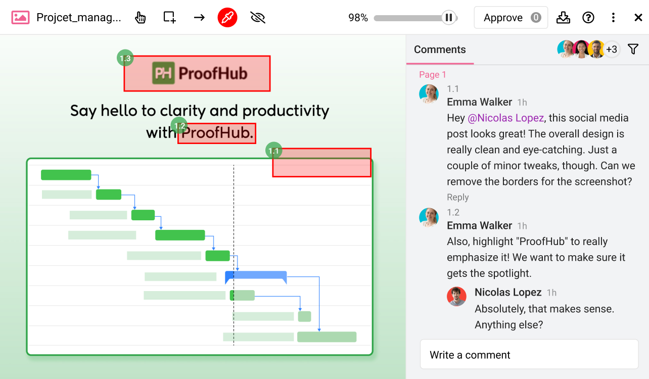 ProofHub’s online proofing tool for reviewing files and providing constructive feedback