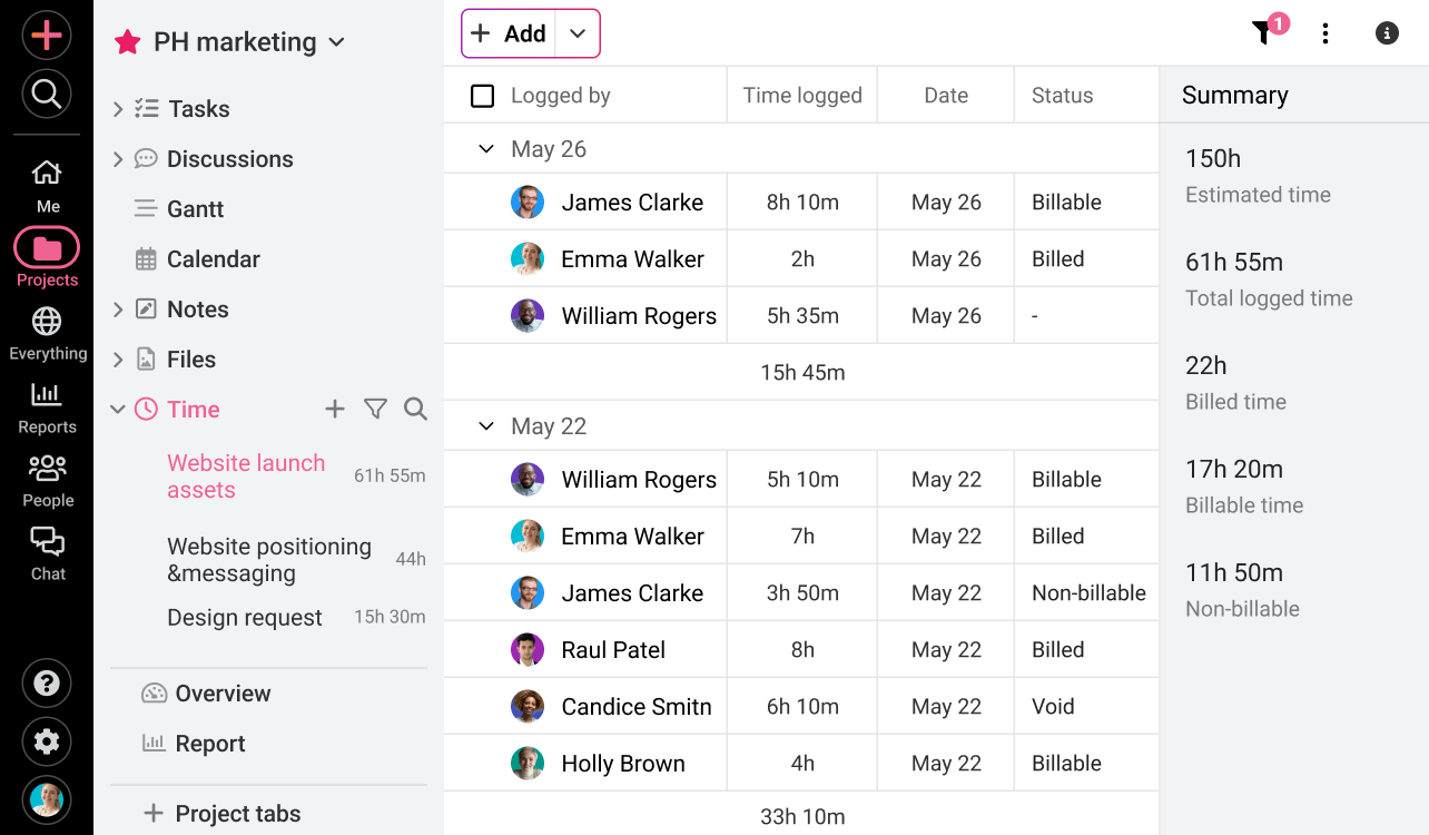 Accurately track team’s time, billable hours & overall working hours with ProofHub’s time tracking feature